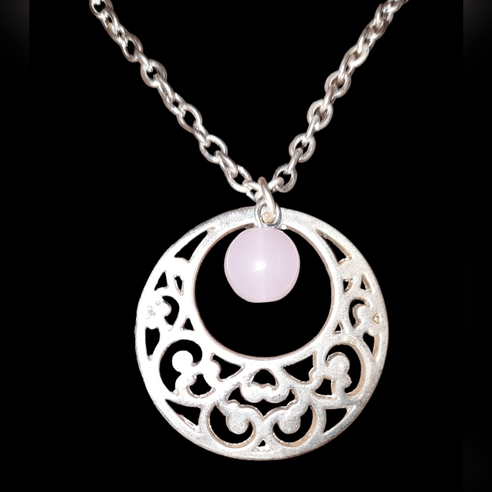 Signed Pink Quartz Dangle Silvertone Filigree Pen… - image 2